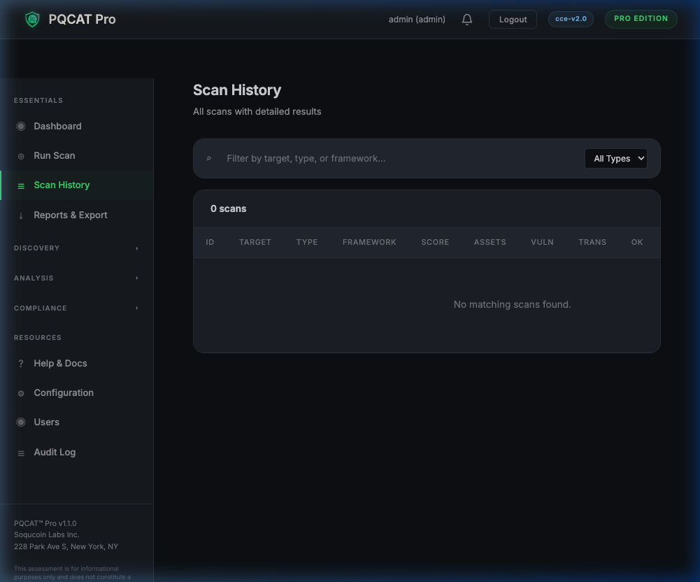 PQCAT Pro Scan History — timestamped results with score trends