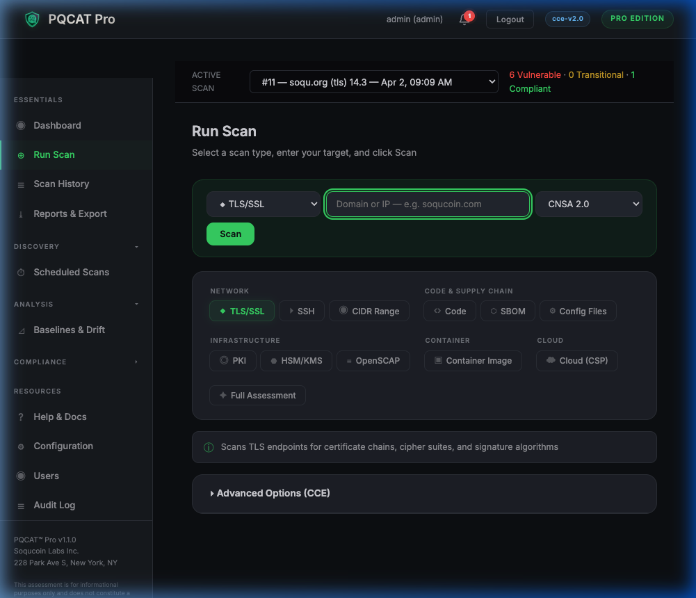 PQCAT Pro Scanner — grouped scan type selector with TLS/SSL selected