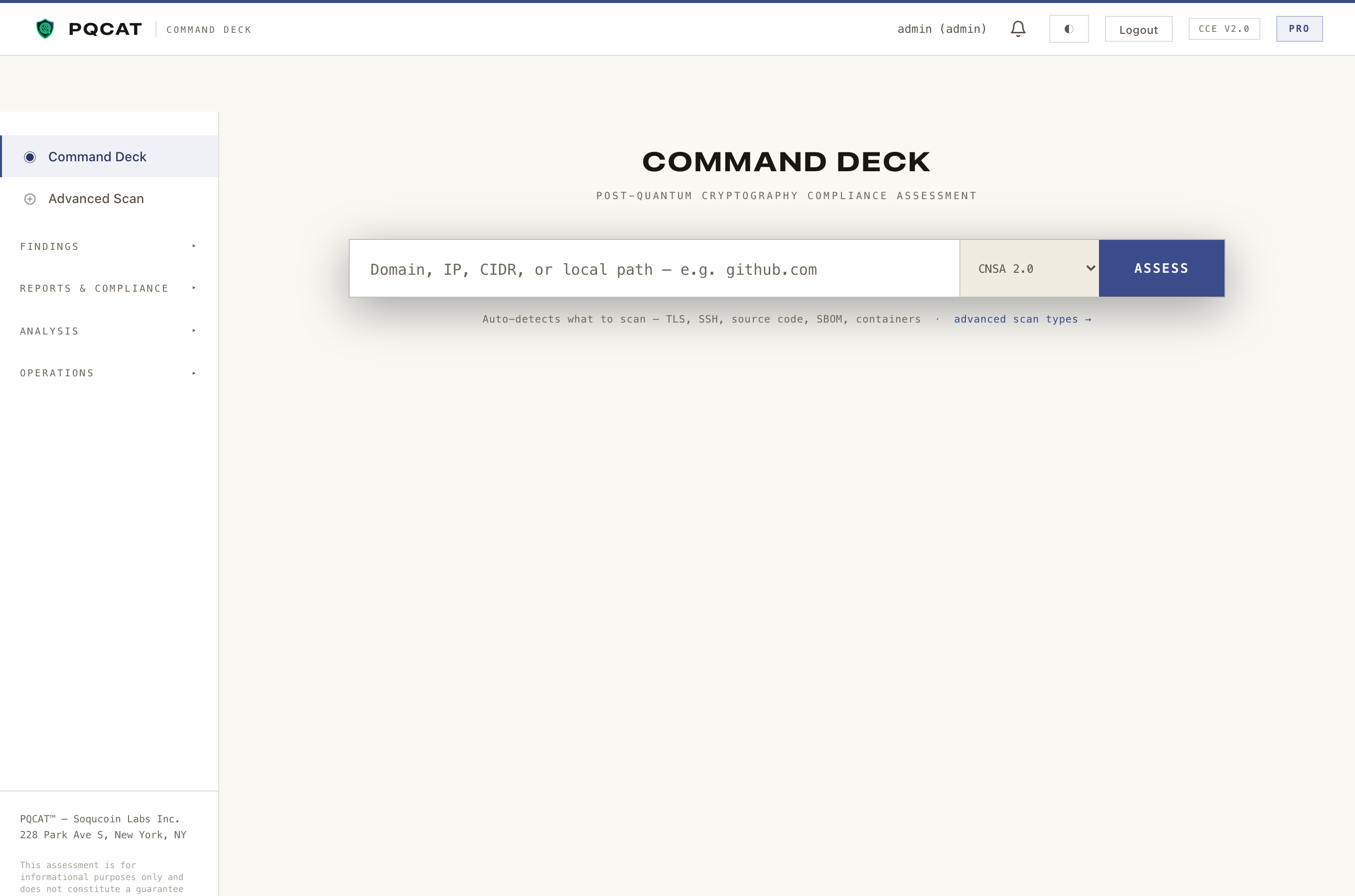 PQCAT Command Deck: a single target input and an Assess button.