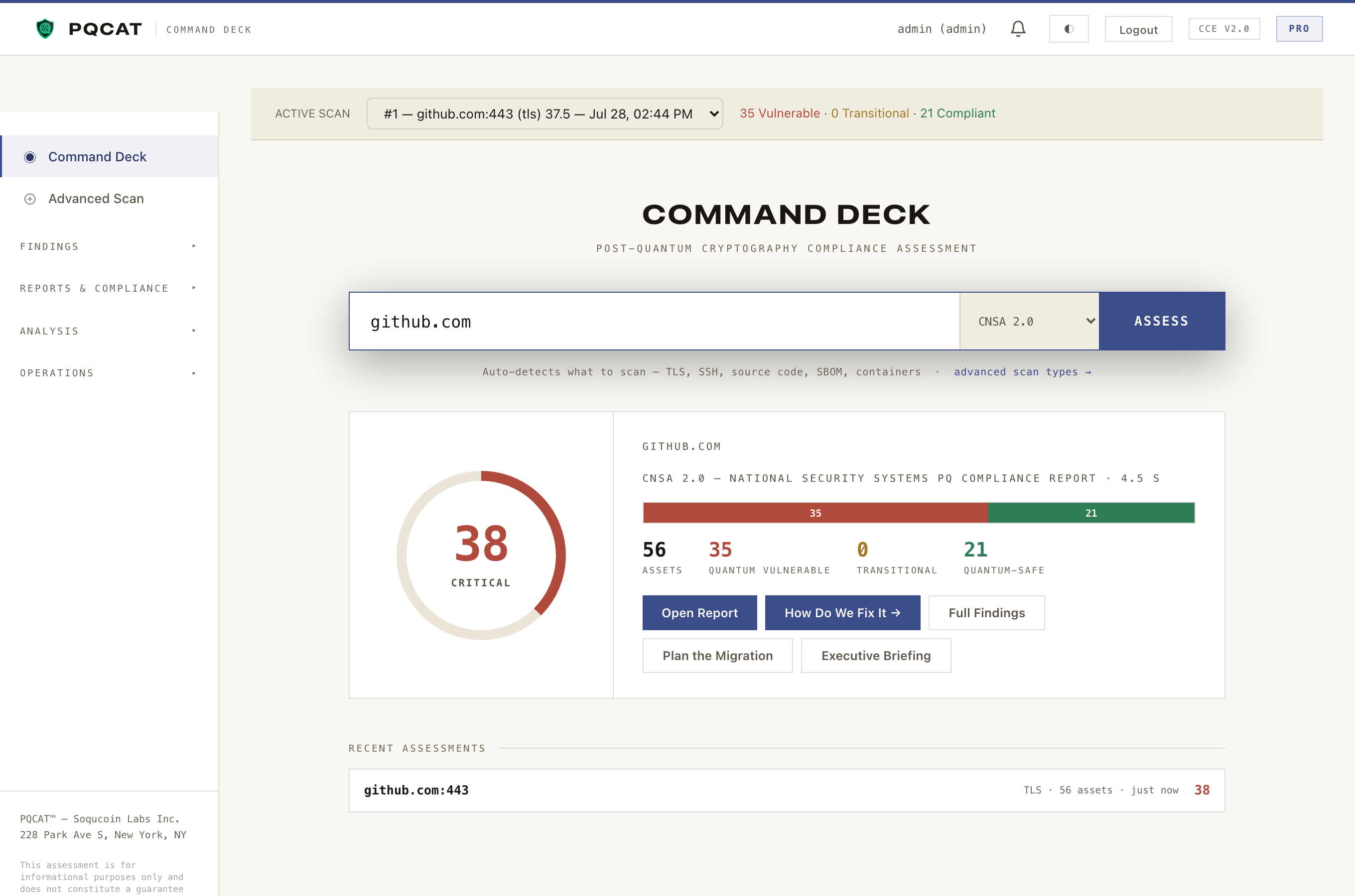 A completed assessment: readiness score dial, zone breakdown, and asset counts.