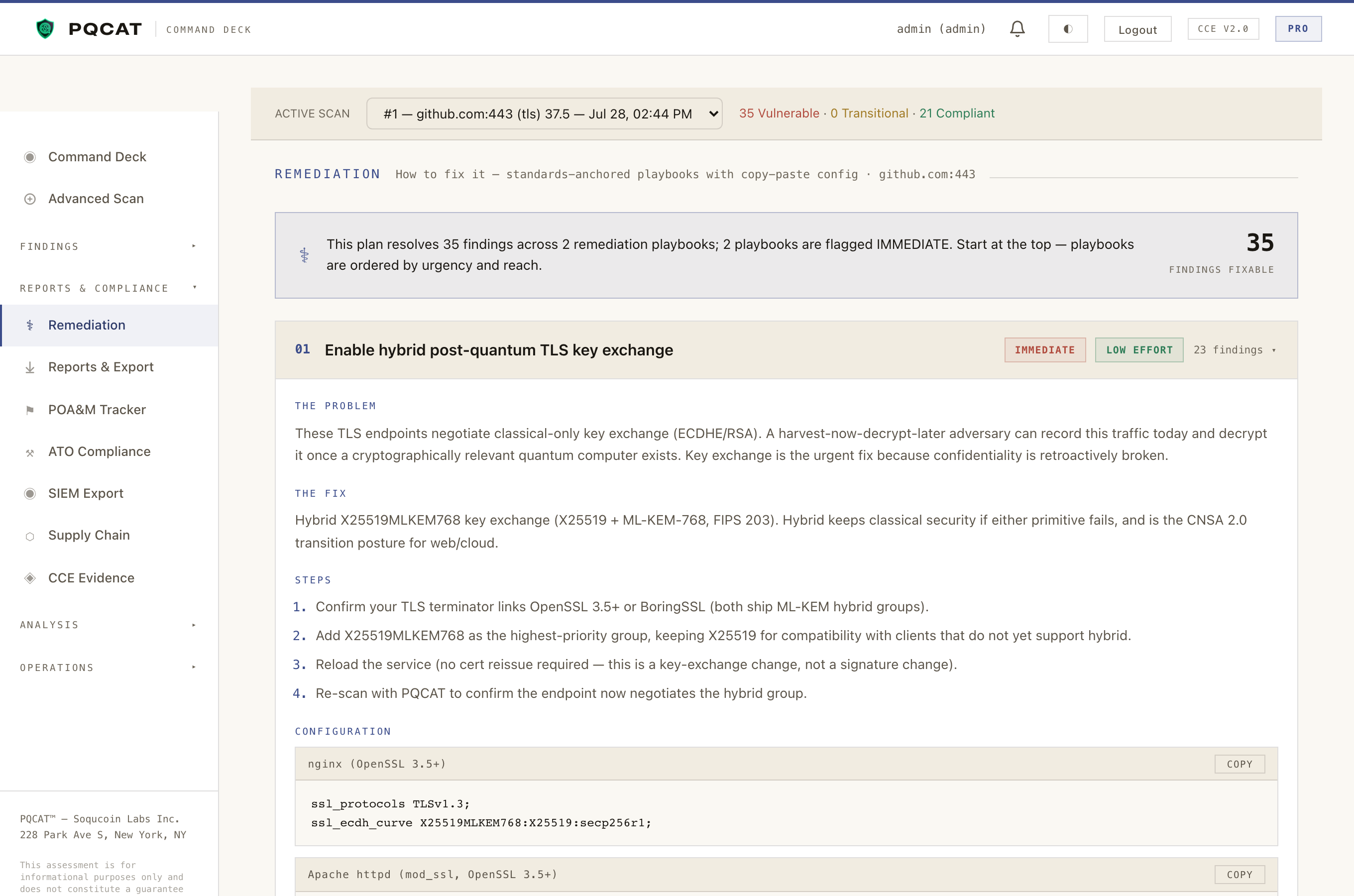 Remediation playbook with copy-paste nginx, Apache, and HAProxy configuration for hybrid post-quantum TLS.